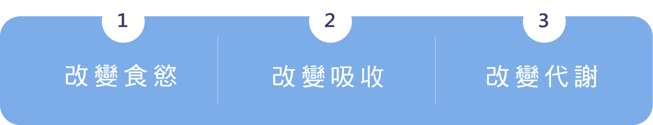 1.改變食慾,2.改變吸收,3.改變代謝