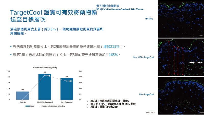 臨床實驗證明TargetCool能將藥物成分有效滲透至皮膚表皮與真皮交界層，提升導入深度與濃度