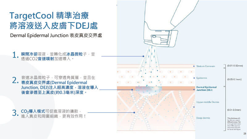TargetCool示意圖展示冰晶微粒透過CO₂高速噴射導入皮膚表皮與真皮交界處（DEJ）